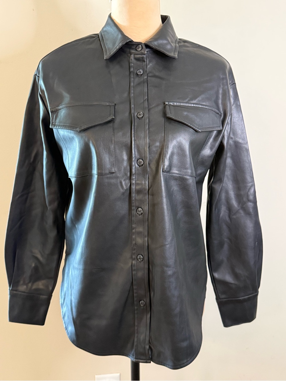 Black faux leather shacket fleece lining quiet luxury biker goth grunge XS